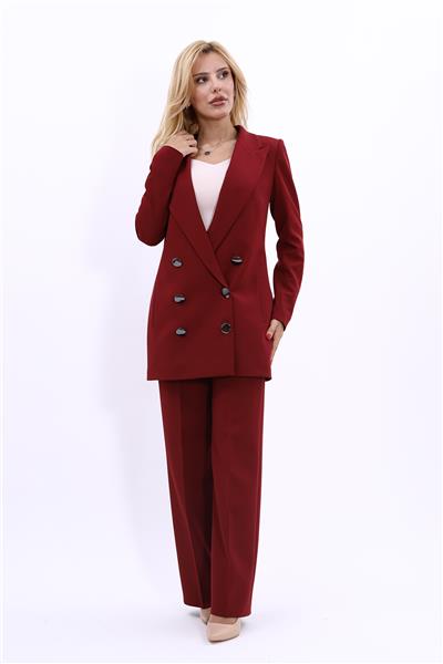 Erkek Yaka Kuruvaze Uzun Ceket & Bol Paça Pantolon-Bordo