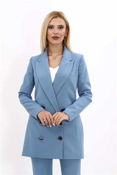 Erkek Yaka Kuruvaze Uzun Ceket-Deniz