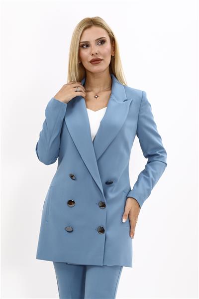 Erkek Yaka Kuruvaze Uzun Ceket-Deniz