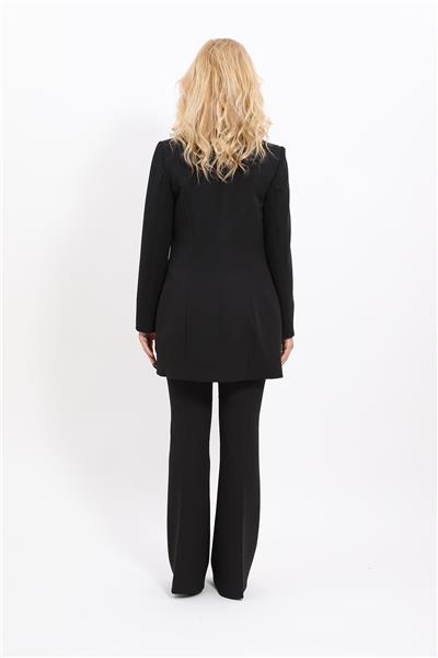 Erkek Yaka Kuruvaze Uzun Ceket & İspanyol Paça Pantolon-Siyah