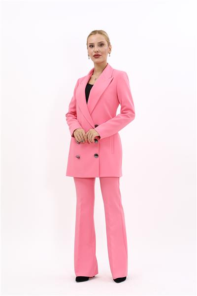 Erkek Yaka Kuruvaze Uzun Ceket & İspanyol Paça Pantolon-Pembe
