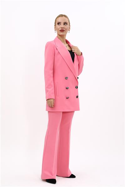 Erkek Yaka Kuruvaze Uzun Ceket & İspanyol Paça Pantolon-Pembe