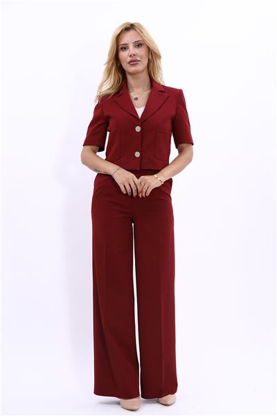 Erkek Yaka Mini Ceket & Cepli Klasik Palazzo Pantolon Kadın Takım Elbise-Bordo