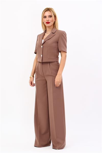 Erkek Yaka Mini Ceket & Cepli Klasik Palazzo Pantolon Kadın Takım Elbise-Kahve