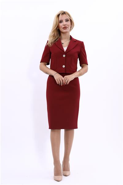 Erkek Yaka Mini ceket & Kısa Kalem Etek Kadın Takım Elbise-Bordo