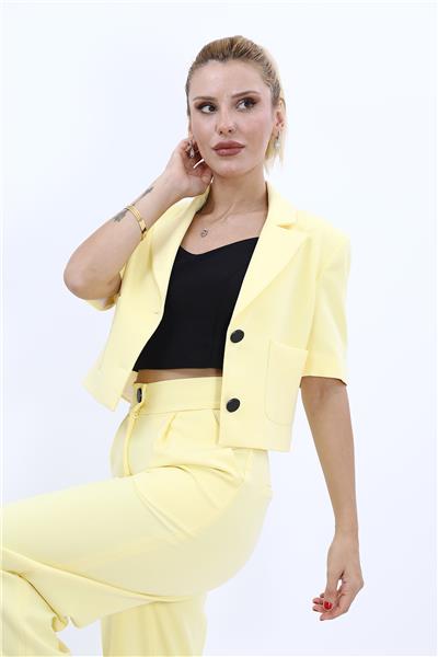 Erkek Yaka Mini Kadın  Ceket-Sarı