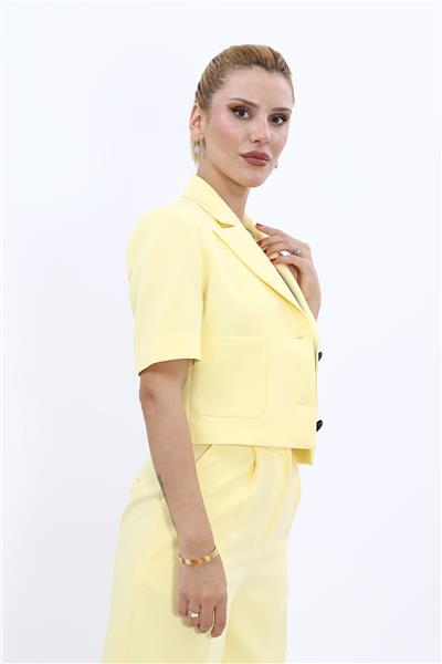 Erkek Yaka Mini Kadın  Ceket-Sarı