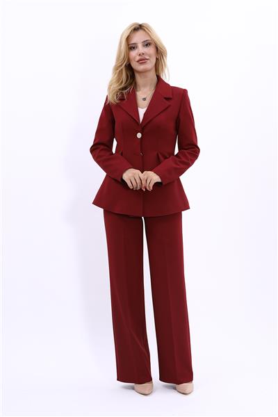 Erkek Yaka Önleri Pileli Ceket & Bol Paça Pantolon-Bordo