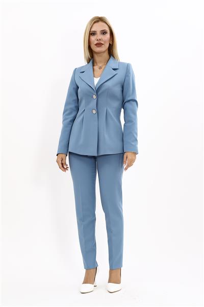 Erkek Yaka Önleri Pileli Ceket & Dar Paça Pantolon Takım-Deniz