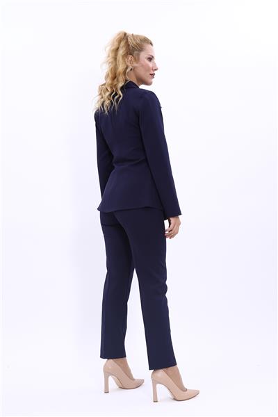 Erkek Yaka Önleri Pileli Ceket & Dar Paça Pantolon Takım-Lacivert