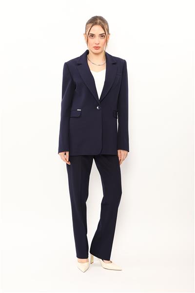 Erkek Yaka Oversize Ceket & Kemerli Boru Paça Pantolon-Lacivert