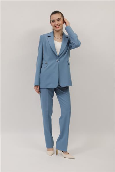 Erkek Yaka Oversize Ceket & Kemerli Boru Paça Pantolon-Deniz