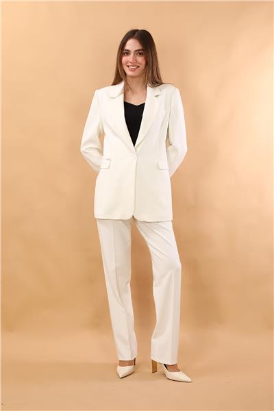 Erkek Yaka Oversize Ceket & Kemerli Boru Paça Pantolon-Beyaz
