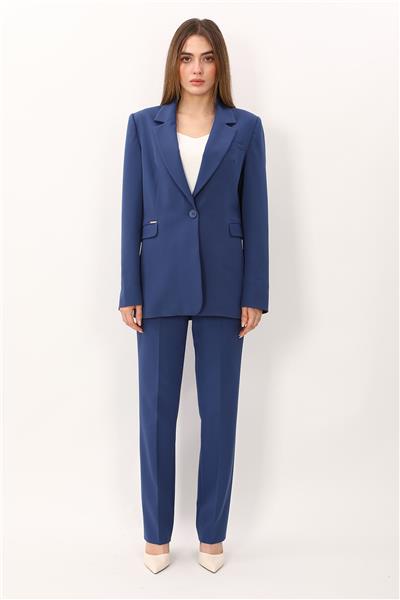 Erkek Yaka Oversize Ceket & Kemerli Boru Paça Pantolon-İndigo