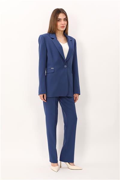 Erkek Yaka Oversize Ceket & Kemerli Boru Paça Pantolon-İndigo