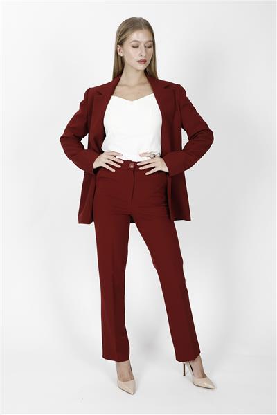 Erkek Yaka Oversize Ceket & Kemerli Boru Paça Pantolon-Bordo