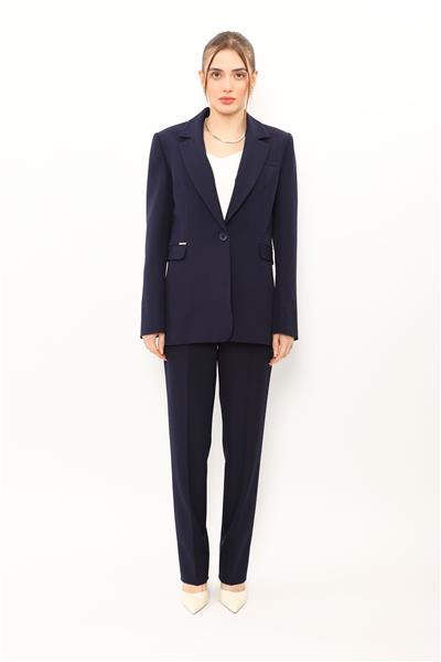 Erkek Yaka Oversize Ceket & Kemerli Boru Paça Pantolon-Lacivert