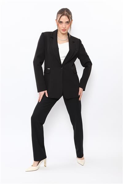 Erkek Yaka Oversize Ceket & Kemerli Boru Paça Pantolon-Siyah