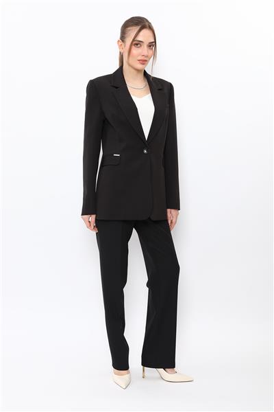 Erkek Yaka Oversize Ceket & Kemerli Boru Paça Pantolon-Siyah