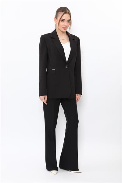 Erkek Yaka Oversize Ceket & Kemerli İspanyol Paça Pantolon-Siyah