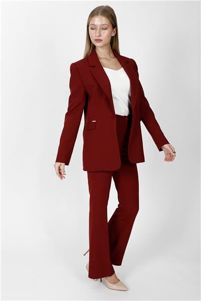 Erkek Yaka Oversize Ceket & Kemerli İspanyol Paça Pantolon-Bordo