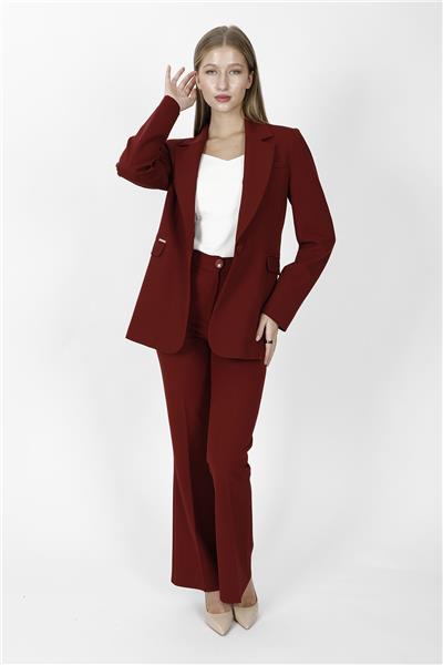 Erkek Yaka Oversize Ceket & Kemerli İspanyol Paça Pantolon-Bordo