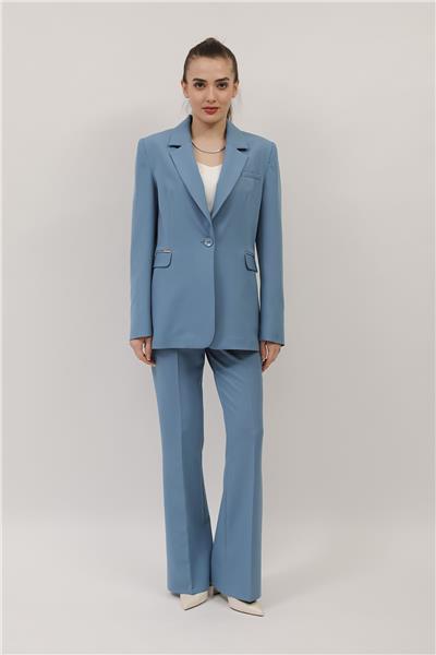 Erkek Yaka Oversize Ceket & Kemerli İspanyol Paça Pantolon-Deniz