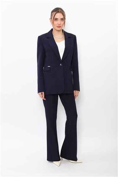 Erkek Yaka Oversize Ceket & Kemerli İspanyol Paça Pantolon-Lacivert