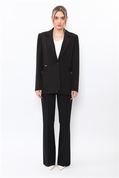 Erkek Yaka Oversize Ceket & Kemerli İspanyol Paça Pantolon-Siyah