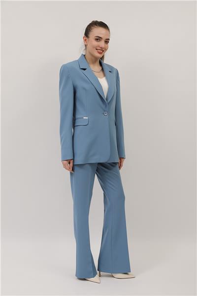 Erkek Yaka Oversize Ceket & Kemerli İspanyol Paça Pantolon-Deniz