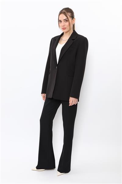 Erkek Yaka Oversize Ceket & Kemerli İspanyol Paça Pantolon-Siyah