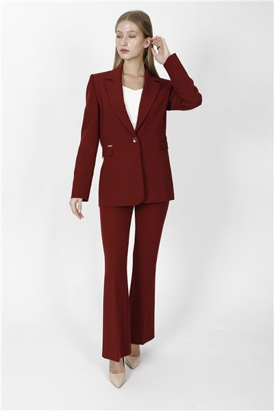 Erkek Yaka Oversize Ceket & Kemerli İspanyol Paça Pantolon-Bordo