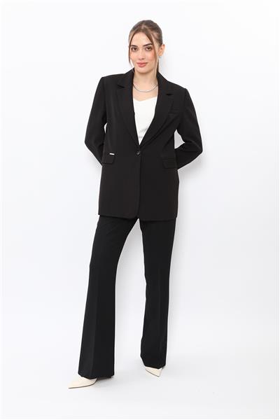 Erkek Yaka Oversize Ceket & Kemerli İspanyol Paça Pantolon-Siyah