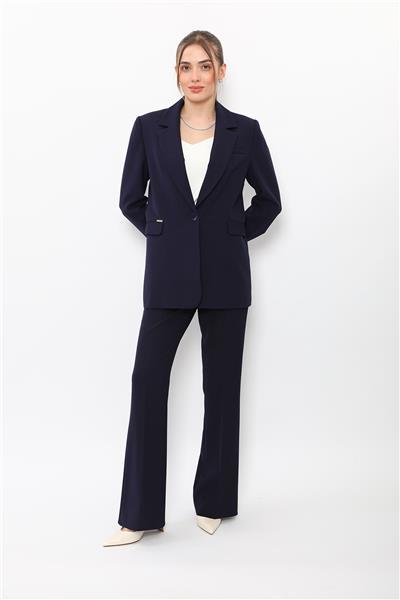 Erkek Yaka Oversize Ceket & Kemerli İspanyol Paça Pantolon-Lacivert