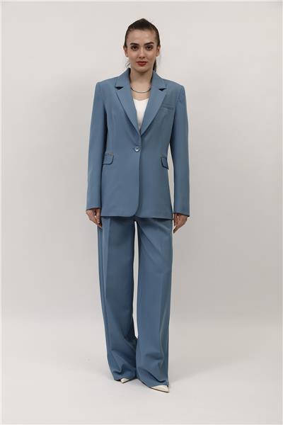 Erkek Yaka Oversize Ceket & Korsaj Kemer Palazzo Pantolon-Deniz