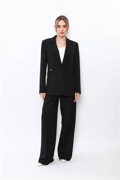 Erkek Yaka Oversize Ceket & Korsaj Kemer Palazzo Pantolon-Siyah