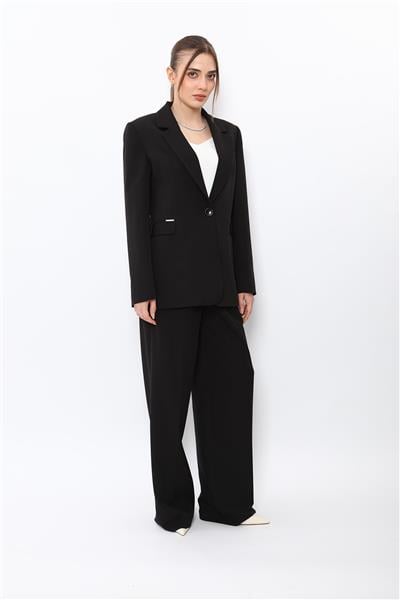 Erkek Yaka Oversize Ceket & Korsaj Kemer Palazzo Pantolon-Siyah