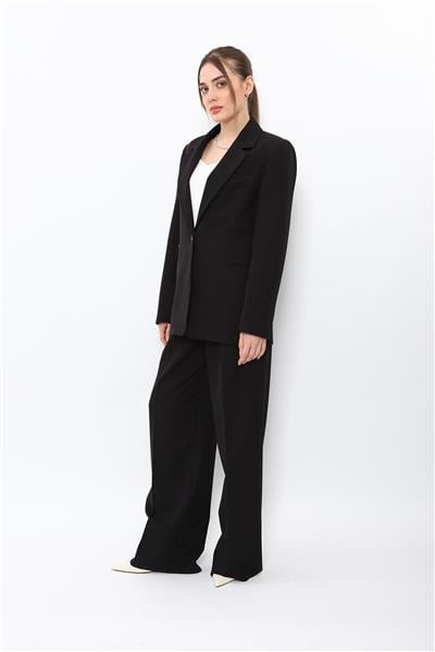 Erkek Yaka Oversize Ceket & Korsaj Kemer Palazzo Pantolon-Siyah