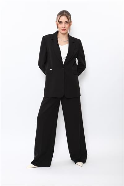 Erkek Yaka Oversize Ceket & Korsaj Kemer Palazzo Pantolon-Siyah