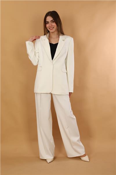 Erkek Yaka Oversize Ceket & Korsaj Kemer Palazzo Pantolon-Beyaz