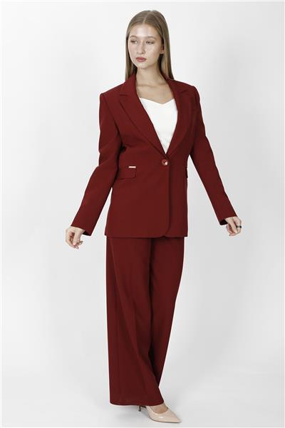 Erkek Yaka Oversize Ceket & Korsaj Kemer Palazzo Pantolon-Bordo