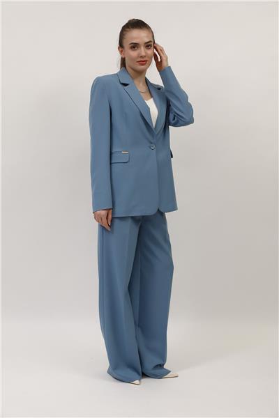 Erkek Yaka Oversize Ceket & Korsaj Kemer Palazzo Pantolon-Deniz