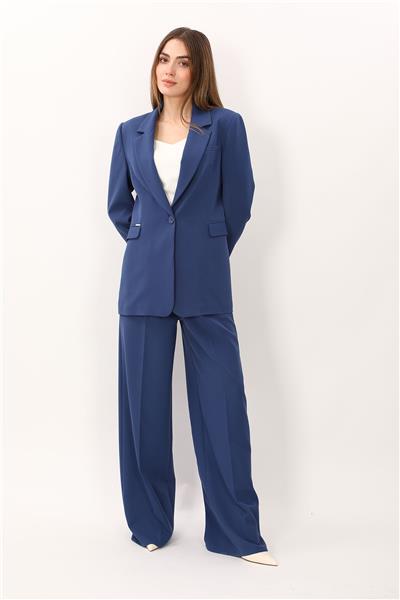 Erkek Yaka Oversize Ceket & Korsaj Kemer Palazzo Pantolon-İndigo