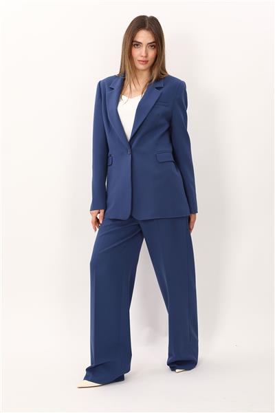 Erkek Yaka Oversize Ceket & Korsaj Kemer Palazzo Pantolon-İndigo