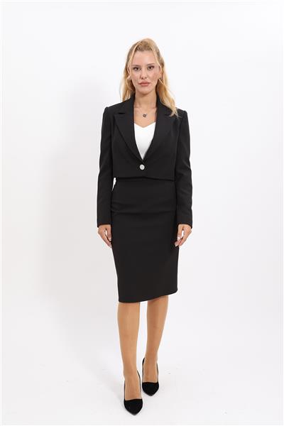 Erkek Yaka Tek Düğmeli Kısa Ceket & Düz Dar Etek-Siyah