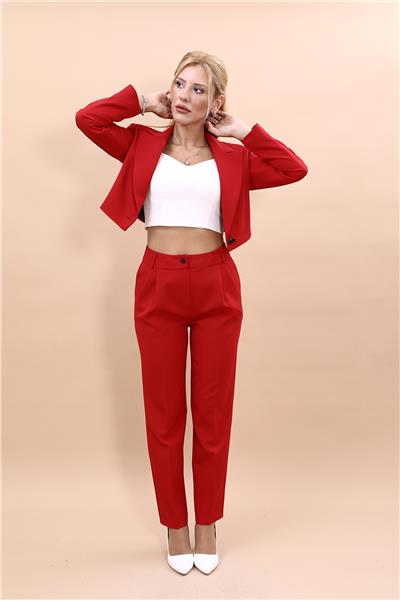 Erkek Yaka Tek Düğmeli Kısa Ceket & Kemerli Köprülü Dar Paça Pantolon-Kırmızı