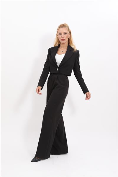 Erkek Yaka Tek Düğmeli Kısa Ceket & Korsaj Kemer Palazzo Pantolon-Siyah
