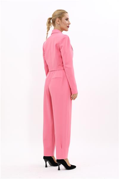 Erkek Yaka Tek Düğmeli Kısa Ceket & Paçası Pileli Pantolon-Pembe