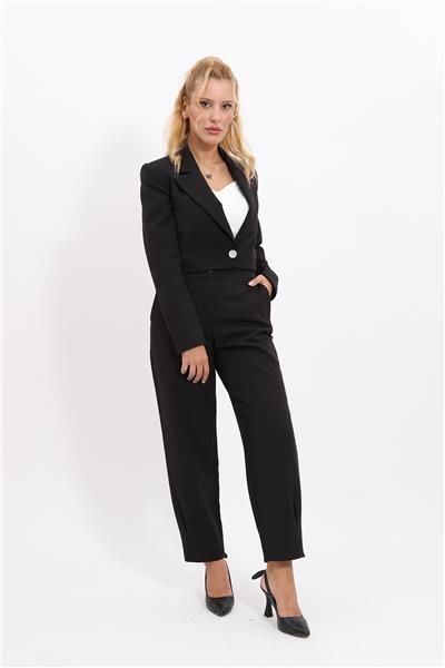 Erkek Yaka Tek Düğmeli Kısa Ceket & Paçası Pileli Pantolon-Siyah