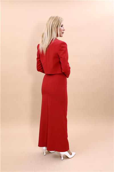 Erkek Yaka Tek Düğmeli Kısa Ceket & Uzun Düz Dar Etek-Kırmızı